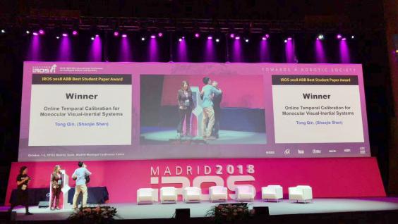 PhD Student Tong QIN Wins the IROS 2018 Best Student Paper Award