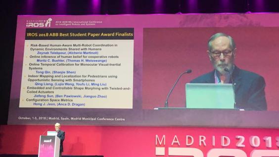 PhD Student Tong QIN Wins the IROS 2018 Best Student Paper Award